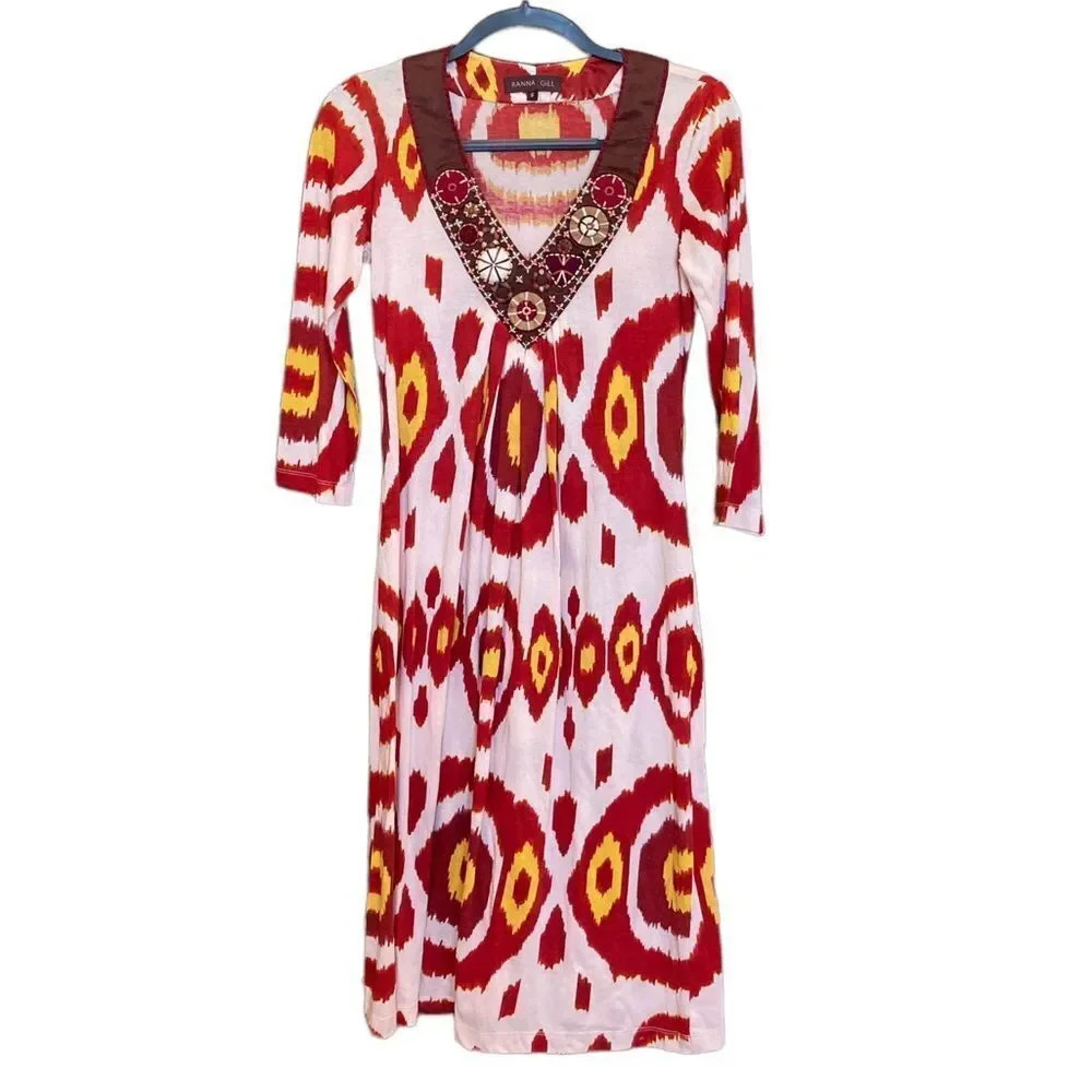 ANTHROPOLOGIE Ranna Gill Silk Kaftan Tunic Ikat Red & Yellow Beaded Size Small